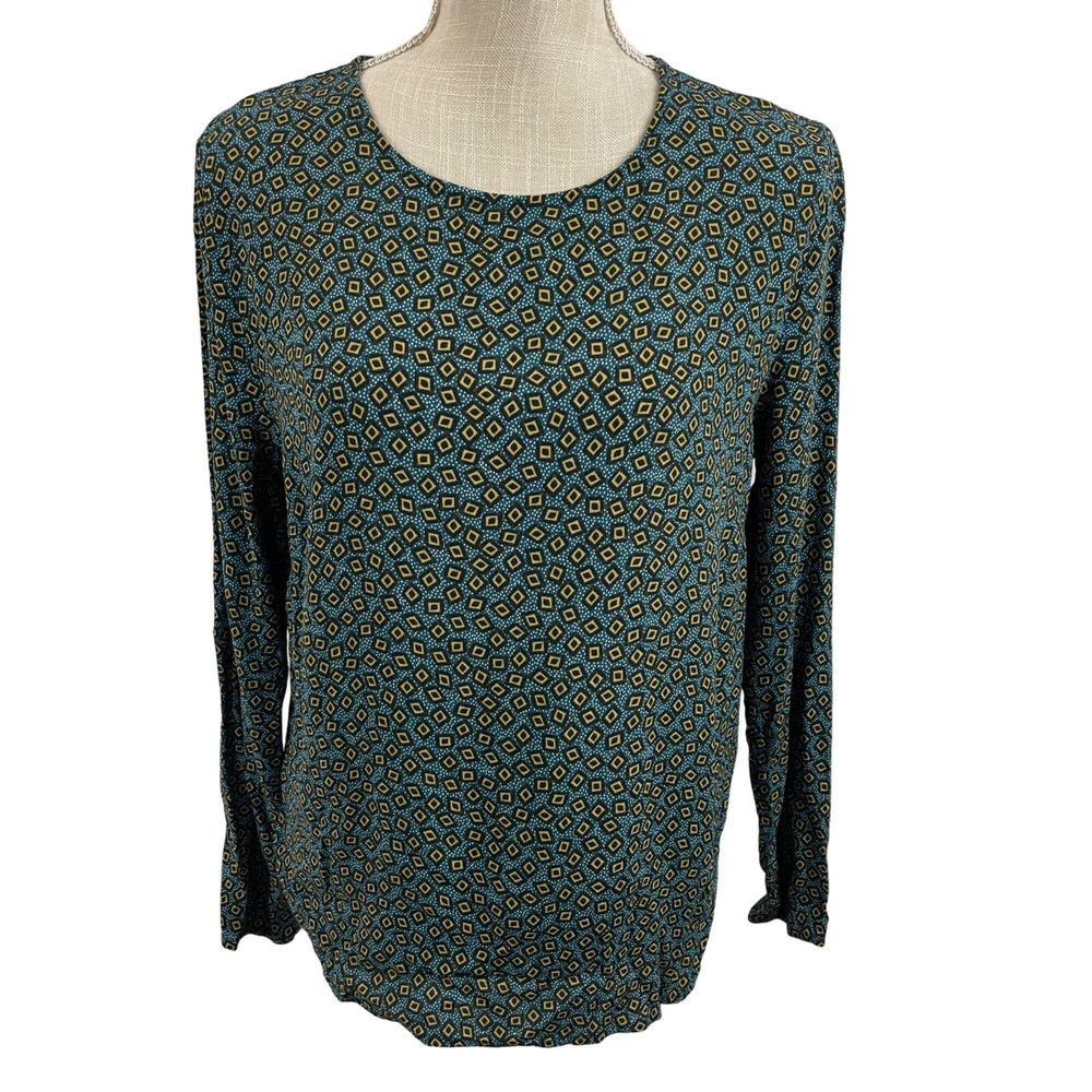 H&M Geometric Print Blouse Top Womens Size 10 Blue Long Sleeve Back Keyhole Soft